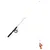 Play rod with black handle, reel, and orange fish toy at the end of the string.