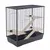 Large cage with metal mesh walls, black plastic base and three wooden platforms with ramps.