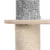 Détail d’un griffoir pour chat avec poteau en sisal, plateau en bois clair et revêtement en tissu gris chiné.