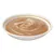 Bowl of smooth brown pet food puree in a white dish with a gold stripe around the rim, shown on a plain background.
