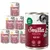 Selection of Smilla Beef Pot tins with visible labels showing flavours including duck, chicken, turkey and chicken liver. Icons indicate contains taurine and grain-free.