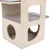 Wooden cat house with two levels, padded resting areas, and round and rectangular openings.