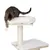 Cat tree with two levels, white padded. Cat playing with hanging ball on the top platform.