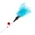 Toy with blue feather attachment, black handle, and red and transparent beads on a wire.