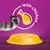 Yellow food bowl with a few crumbs, striped tail in foreground, and text 'with chicken' beside a chicken drumstick icon on purple background.