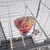 Jouet suspendu en carton et papier multicolore dans une cage à oiseaux en métal avec perchoirs en bois et gamelle en inox visibles.