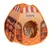 Spielzelt in Bäckerei-Design mit orangefarbenem Stoff und Brot-Motiven. Katze sitzt im Inneren des Zeltes.