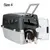 Dog carrier, size 4, with open metal door and water bowl attached. Black and grey plastic body. Dog lying inside the carrier. Text: Size 4.