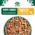 Puppy junior food for up to 12 months, turkey with rice and vegetables. Image shows bowl of food with meat chunks, peas, carrots and rice in gravy.