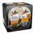 Box showing Sheba Perfect Portions Rich Gravy and Tender Turkey split tray, 6 portions. Image displays food portion and a grey cat beside the product information.