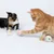 Dos gatos juegan con pelotas de tela trenzada y de colores. El producto muestra un juguete interactivo para mascotas.