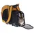 Sac de transport jaune et noir en tissu avec panneaux en maille, porte avant ouverte, chat tigré à l’intérieur. Poignées visibles sur le dessus du sac.