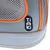 Détail d’un sac ou panier de transport gris avec bordures orange, tissu en maille et étiquette visible portant la marque Tiaki.
