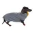 Teckel portant un manteau pour chien gris avec doublure jaune et fermeture éclair, logo SD visible sur le côté du vêtement.