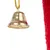 Clochette en métal doré suspendue à une cordelette jaune, fond partiellement rouge visible à droite.