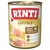 Lata de Rinti Sensible. Texto visible: 100%* Huhn +Kartoffel, nur 1 tierisches Protein, glutenfrei – optimal verträglich, *im Fleischanteil. Imagen de pollo y patata.