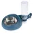 Futternapf aus Edelstahl mit integriertem Wasserbehälter aus Kunststoff, blau-weisses Design.