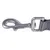 Metalen karabijnhaak met grijze nylon band, geschikt voor bevestiging aan hondenriemen of accessoires.