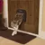 PetSafe cat flap in wooden door, cat passing through the flap. Product shows function of the pet door.