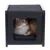 Cat cave made of black fabric with metal frame, cat lying inside looking to the right.