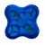 Plateau interactif bleu en plastique avec compartiments ronds et couvercles mobiles, conçu pour animaux. Forme carrée aux bords arrondis, éléments vissés visibles.