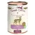 Terra Canis Light, wild avec concombre, pêche et pissenlit. Texte en allemand : 'Hausmannskost für Hunde', '<4% Fett/Fat', '100% Natur'. Étiquette violette et dorée.