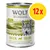 Wolf of Wilderness Green Fields, 100% grain-free, 12 x 400 g. Jagnięcina z owocami leśnymi, korzeniami i dzikimi ziołami. Widoczny napis po angielsku i niemiecku na opakowaniu.