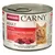 Консерва animonda Carny Adult Rind pur для кошек, с отборной говядиной. 100% свежие ингредиенты, без зерна, Made in Germany. Изображение кусочков мяса и надпись mit Taurin.