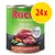 Rocco Menu Beef, lamb, vegetables & rice, 800 g. Text: Enriched with carbohydrates. Bild på kött, ärtor, morot och ris. Gul cirkel med röd text: 24x. Rocco Menu Beef, lamb, vegetables & rice, 800 g. Text: Enriched with carbohydrates. Bild på kött, ärtor, morot och ris. Gul cirkel med röd text: 24x.