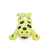 Jouet en peluche en forme de grenouille jaune avec taches vertes, yeux noirs brodés et pattes allongées, visible sur fond blanc.