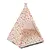 Tente tipi pour animaux avec armature en bois et tissu imprimé motifs pastèques, ananas et glaces, coussin assorti à l’intérieur. Aucun logo ou texte visible.