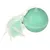 Green ball-shaped toy with white and green feathers, attached to a string with a plastic bead.