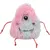 Plush toy in pink and blue with one eye, embroidered smile and red cord arms.