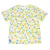 T-shirt blanc à motif citrons jaunes et feuilles vertes, étiquette noire visible en bas à gauche avec texte illisible.