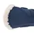 Vue rapprochée d’une botte pour chien en simili cuir bleu avec doublure intérieure en fausse fourrure blanche, fermeture à scratch visible.