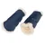 Paire de protections pour jambes en simili cuir bleu avec doublure intérieure en fourrure synthétique beige, fermeture par bandes auto-agrippantes, étiquette visible 'Waldhausen'.