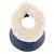 Coussin rond avec rebord en fausse fourrure crème et base en tissu texturé bleu foncé, vu du dessus.