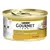 Purina Gourmet Gold нежный паштет с печенью, банка в золотой упаковке, изображение белой кошки и порция паштета на тарелке.
