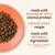 Kibble on a plate with text: made with minimum 80% animal protein, grain free recipe, made with natural ingredients, with added vitamins and minerals.