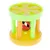 Toy made of plastic with yellow base, green lid and colourful rods. Inside is a red and black ball with a bell.