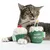 Cat with two green plush toys in cupcake shape, one with cherry and the other with candle and text 'Happy Birthday'. Zooplus logo visible on both toys.