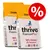 Thrive PremiumPlus Katzenfutter, 90% Huhn, getreidefrei, 0% Nonsense. Zwei Packungen mit Rabatt-Symbol in Rot und Weiß. Thrive PremiumPlus Katzenfutter, 90% Huhn, getreidefrei, 0% Nonsense. Zwei Packungen mit Rabatt-Symbol in Rot und Weiß.