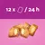 Product image: crunchy snacks with filling, text '12 x / 24 h' on purple background.