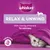 Relax & Unwind. With relaxing amino acid for calmness. Calmness icon shown. Whiskas brand name visible.
