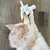 Gatto beige gioca con coniglio di peluche bianco su pavimento in legno.