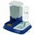 Distributeur automatique bleu pour croquettes et eau, avec réservoir transparent rempli de croquettes et bouteille d’eau en plastique insérée dans un support, gamelles intégrées.