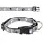 Graues Hundehalsband mit schwarzen und weissen Pfotenmustern, verstellbar, Kunststoffverschluss und Metallring.