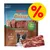 Rocco Chings Steak-Style koiranherkut, pakkauksessa teksti '100% duck in the meat content', suuri keltainen prosenttimerkki, näkyvissä myös kaksi herkkupalaa. Rocco Chings Steak-Style koiranherkut, pakkauksessa teksti '100% duck in the meat content', suuri keltainen prosenttimerkki, näkyvissä myös kaksi herkkupalaa.