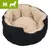 Okrągłe legowisko z beżowym wnętrzem i czarną tkaniną na zewnątrz, rozmiar M oznaczony w lewym górnym rogu zieloną ikoną psa i literą M.