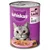 Blik Whiskas kattenvoer, 400 g, met zichtbare tekst: 'mit Lachs in Gelee'. Paarse verpakking met afbeelding van een grijze kat en roze voerbak met stukjes in gelei.